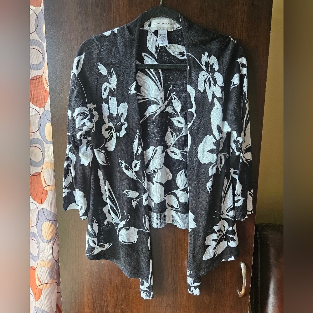 Alfred Dunner Sheer Gray and Black Patterned Cardigan Size Petite Large
